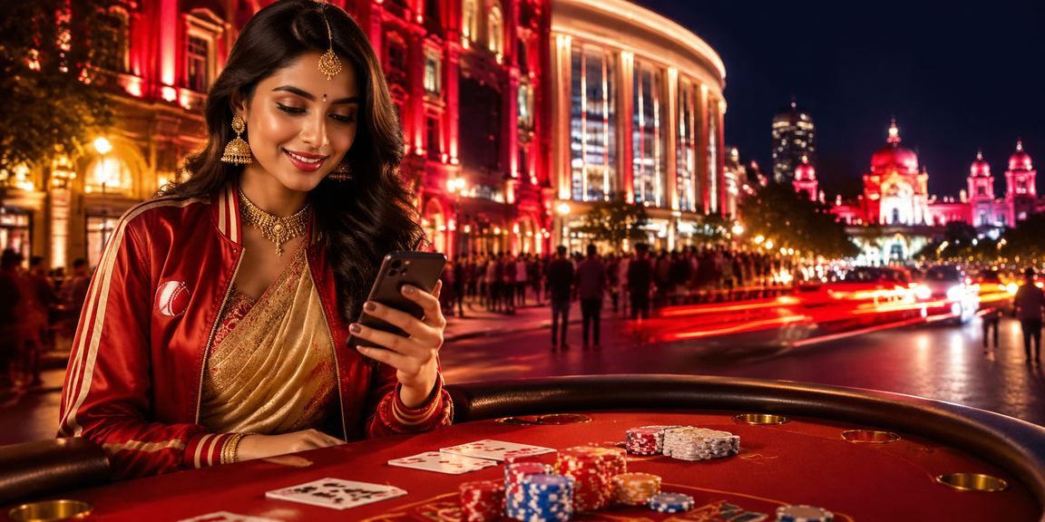 Busy Delhi Connaught Place with cricket betting advertisements at night